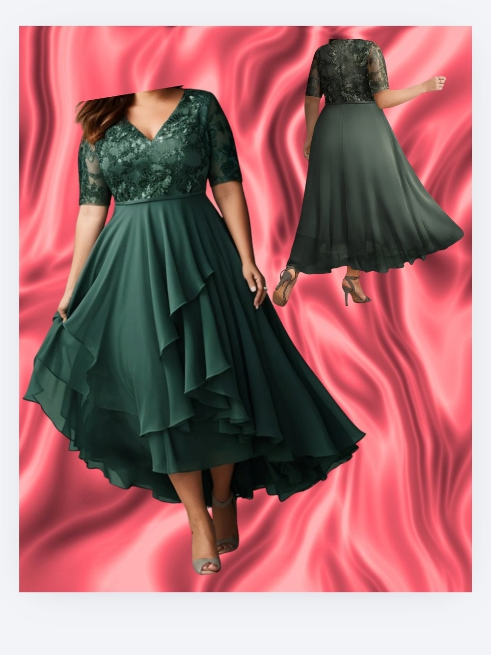 Elegant Plus-Size Lace Bodice Chiffon Midi Dress in Deep Green